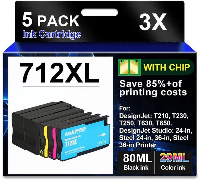 Main image of 712XL Ink Cartridges 5 Pack (with Chip) Compatible for 712 Ink | Cartridges Combo Pack for DesignJet T210 T630 T650 T250 T230 Printer (5 Pack 80-ml 2 Black + 29-ml Cyan/Magenta/Yellow)