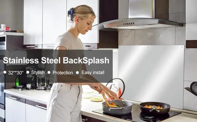 Alt view image 6 of 7 - 32" x 30" Thicken Heavy Range Hoods Stainless Steel Backsplash,Panel Splatter Guard for Stovetop,6 Pre Drilled Holes for Easy Installation,Keep the Walls Clean, Bright and Beautiful (32" x 30")