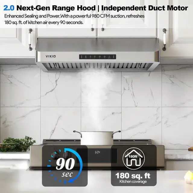 Alt view image 2 of 7 - Range Hood 30 Inch Under Cabinet, Kitchen Hood with 980 CFM, 3-Speed Gesture Sensing & Touch Control Panel, Stainless Steel Vent 2 Pcs Baffle Filters with Handlebar, Ducted, LED light