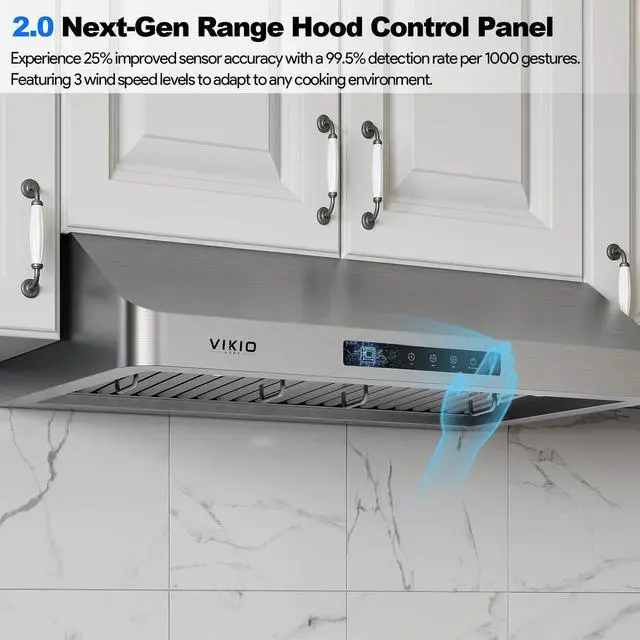 Alt view image 3 of 7 - Range Hood 30 Inch Under Cabinet, Kitchen Hood with 980 CFM, 3-Speed Gesture Sensing & Touch Control Panel, Stainless Steel Vent 2 Pcs Baffle Filters with Handlebar, Ducted, LED light