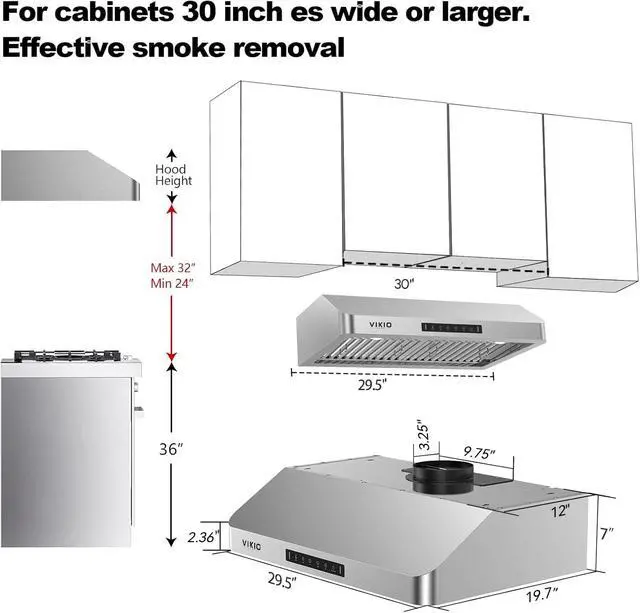 Alt view image 7 of 7 - Range Hood 30 Inch Under Cabinet, Kitchen Hood with 980 CFM, 3-Speed Gesture Sensing & Touch Control Panel, Stainless Steel Vent 2 Pcs Baffle Filters with Handlebar, Ducted, LED light