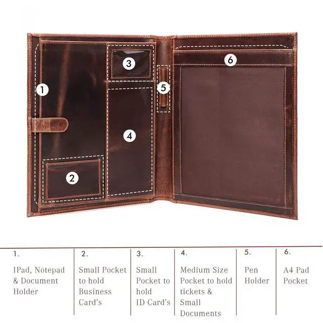 Alt view image 4 of 6 - Leather Portfolio Binder, Professional Organizer Padfolio Resume Folder, Business Card & Document Holder, Portfolios for Men & Women, Office & Business Supplies | (Medium - Brown)