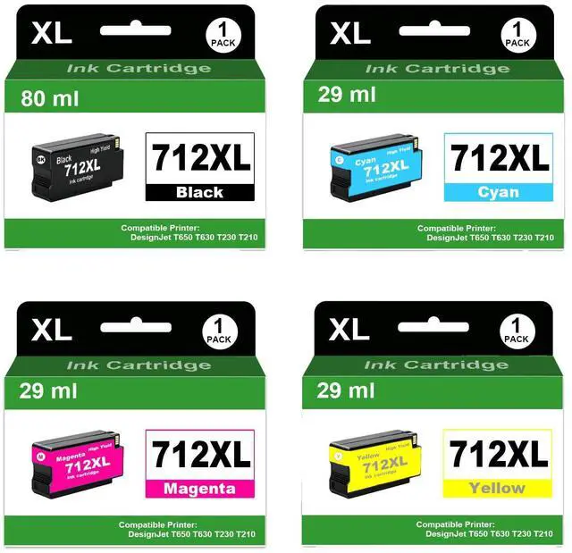 Main image of 4 Pack 712XL 712XL 712 Ink Cartridge Use for DesignJet T210 T230 T630 T650 Studio Plotter Printers (Black: 80ml, Cyan/Magenta/Yellow: 29ml)