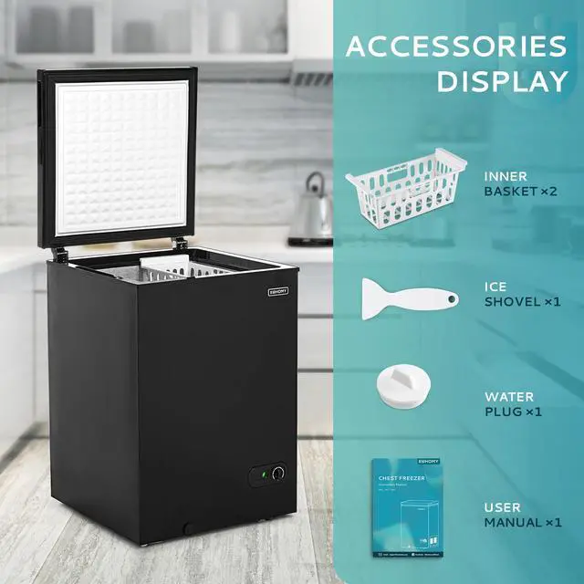 Alt view image 7 of 7 - 3.5 Cu.Ft Chest Freezer with Wheels, Small Deep Freezer Adjustable 7 Thermostat, Quiet Mini Freezer Free-Standing Top Door, Energy Saving for Apartment/Garage/Basement/Dorm/Home, New Black