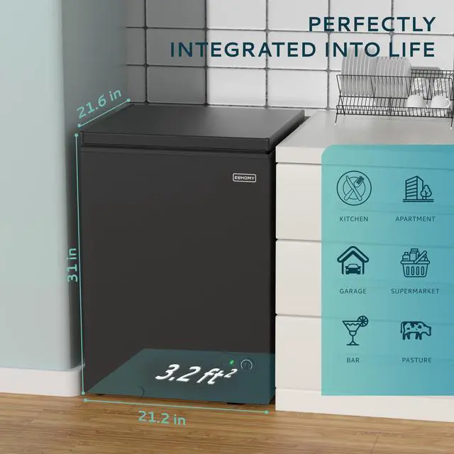 Alt view image 6 of 7 - 3.5 Cu.Ft Chest Freezer with Wheels, Small Deep Freezer Adjustable 7 Thermostat, Quiet Mini Freezer Free-Standing Top Door, Energy Saving for Apartment/Garage/Basement/Dorm/Home, New Black
