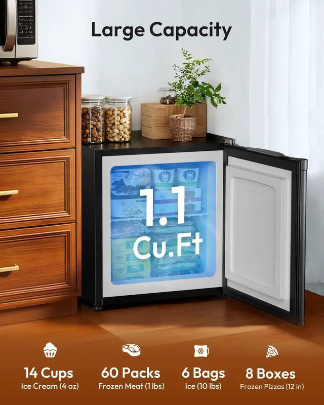 Alt view image 3 of 7 - 1.1 Cubic Feet Mini Freezer, Countertop, Single Door Compact Upright Freezer with Reversible Door, Removable Shelves, Small freezer for Home/Dorms/Apartment/Office, New Black