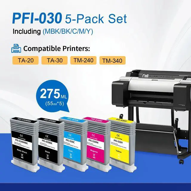 Alt view image 3 of 6 - PFI 030 Ink Cartridges 5Pack PFI-030 PFI-030MBK PFI-030BK PFI-030C PFI-030M PFI-030Y Compatible for Canon imagePROGRAF TA-20 TA-30 TM-240 TM-340 Printers 55ML (1MBK, 1B 1C, 1M, 1Y)