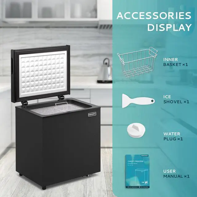 Alt view image 7 of 7 - 1.8 Cu.Ft Chest Freezer with Removable Basket, Small Deep Freezer Adjustable Thermostat, Quiet Mini Freezer with Top Door, Energy Saving for Apartment/Garage/Basement/Dorm/Home,Black