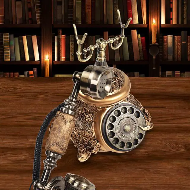 Alt view image 5 of 7 - Retro Landline Turntable Telephone - Rotary Antique Fixed Phone, Resin Imitation Copper Decoration for Home Office - Bronze Color 109BS