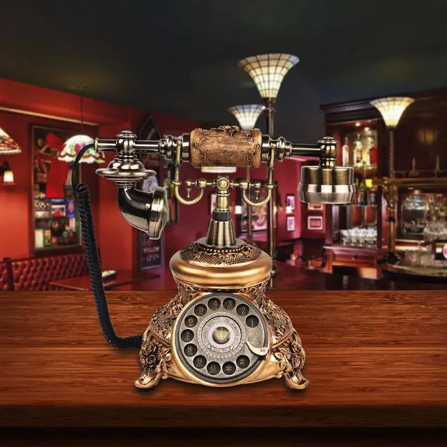 Alt view image 4 of 7 - Retro Landline Turntable Telephone - Rotary Antique Fixed Phone, Resin Imitation Copper Decoration for Home Office - Bronze Color 109BS