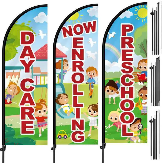 Main image of 3 Set 7 ft Now Enrolling Day Care Feather Flags with Pole Kit and Ground Stake Weatherproof Polyester Now Enrolling Flags Day Care Marketing Sign Banner for Schools Child Business Advertising