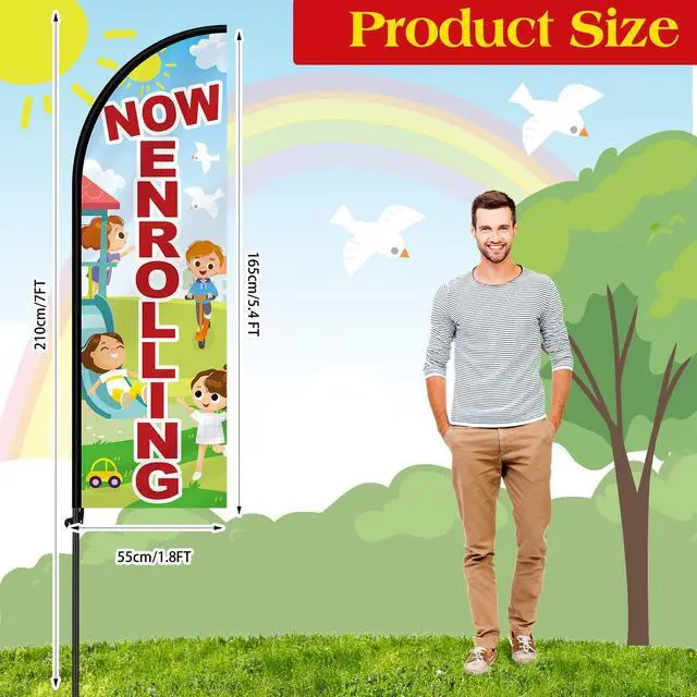 Alt view image 2 of 7 - 3 Set 7 ft Now Enrolling Day Care Feather Flags with Pole Kit and Ground Stake Weatherproof Polyester Now Enrolling Flags Day Care Marketing Sign Banner for Schools Child Business Advertising