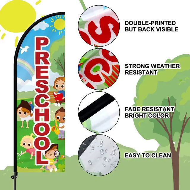 Alt view image 3 of 7 - 3 Set 7 ft Now Enrolling Day Care Feather Flags with Pole Kit and Ground Stake Weatherproof Polyester Now Enrolling Flags Day Care Marketing Sign Banner for Schools Child Business Advertising