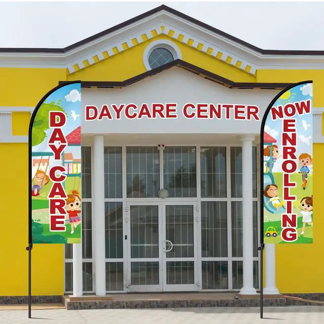 Alt view image 7 of 7 - 3 Set 7 ft Now Enrolling Day Care Feather Flags with Pole Kit and Ground Stake Weatherproof Polyester Now Enrolling Flags Day Care Marketing Sign Banner for Schools Child Business Advertising