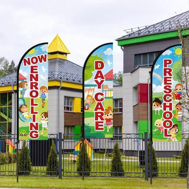 Alt view image 4 of 7 - 3 Set 7 ft Now Enrolling Day Care Feather Flags with Pole Kit and Ground Stake Weatherproof Polyester Now Enrolling Flags Day Care Marketing Sign Banner for Schools Child Business Advertising