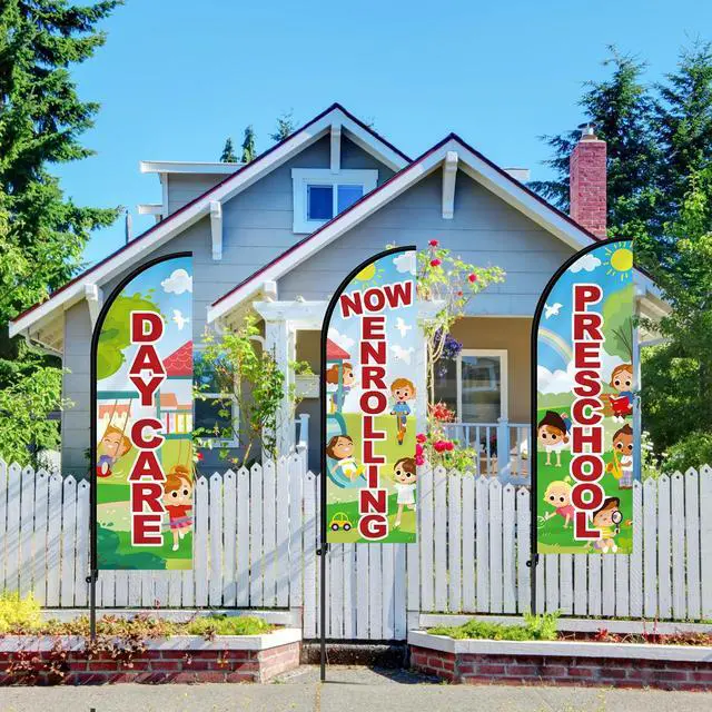 Alt view image 5 of 7 - 3 Set 7 ft Now Enrolling Day Care Feather Flags with Pole Kit and Ground Stake Weatherproof Polyester Now Enrolling Flags Day Care Marketing Sign Banner for Schools Child Business Advertising