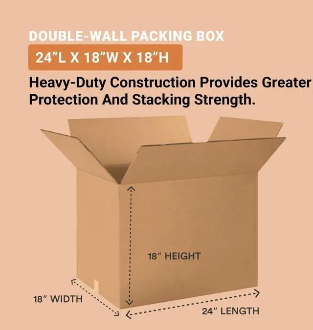 Alt view image 2 of 6 - Double Wall 24" x 18" x 18" Cardboard Boxes (10-Pack) | Large Corrugated Boxes for Shipping, Packaging, Moving, Storage Box for Home or Business, Strong Wholesale Bulk Boxes