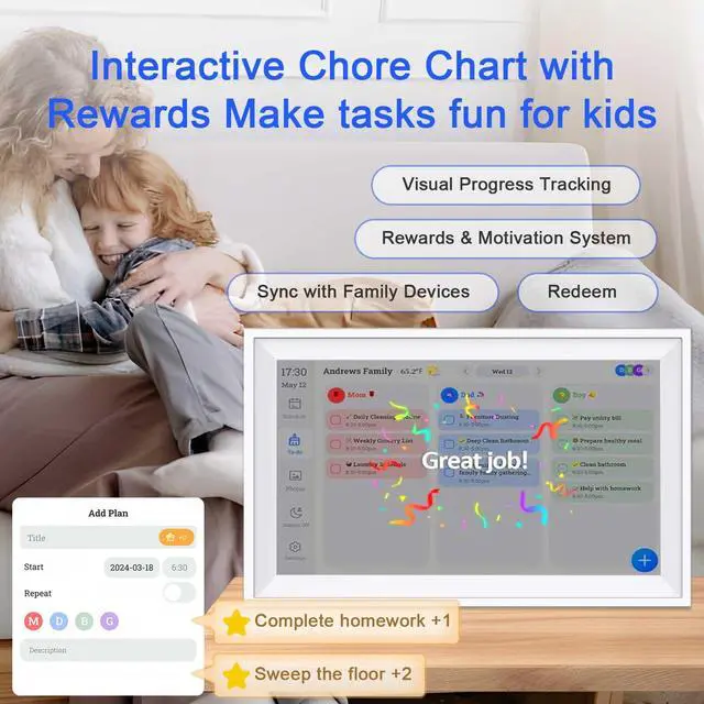 Alt view image 5 of 7 - 10.1 Inch Smart Digital Calendar Chore Chart with Touchscreen - Interactive Display for Family Schedules, Great for Organizing Your Calendar to-Do List & Meal Planner, Digital Picture Frame