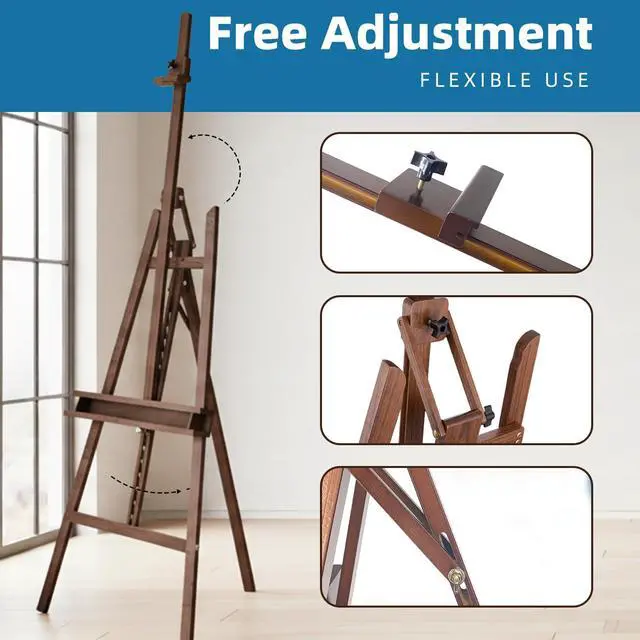 Alt view image 5 of 7 - Adjustable Beechwood A-Frame Studio Easel with Storage Tray, Brown | Artist Floor Solid Wooden Easel Stand for Painting Canvas