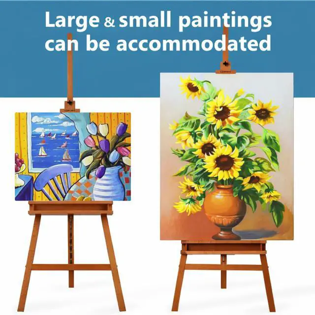 Alt view image 6 of 7 - Adjustable Beechwood A-Frame Studio Easel with Storage Tray, Brown | Artist Floor Solid Wooden Easel Stand for Painting Canvas