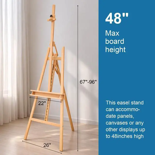 Alt view image 2 of 7 - Adjustable Beechwood A-Frame Studio Easel with Storage Tray, Natural | Artist Floor Solid Wooden Easel Stand for Painting Canvas