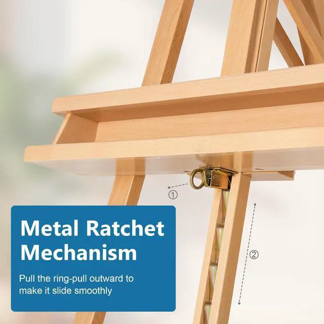 Alt view image 3 of 7 - Adjustable Beechwood A-Frame Studio Easel with Storage Tray, Natural | Artist Floor Solid Wooden Easel Stand for Painting Canvas