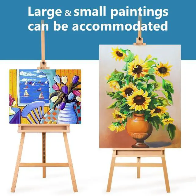 Alt view image 6 of 7 - Adjustable Beechwood A-Frame Studio Easel with Storage Tray, Natural | Artist Floor Solid Wooden Easel Stand for Painting Canvas