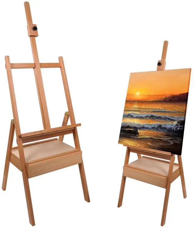 Main image of Beech Wood H-Frame Easel, 59"75" Adjustable Height Studio Easel with Drawer & Shelf, 41" Canvas Holder 20KG Load, Heavy Duty Art Easel for Adults Artists Students Painting Display
