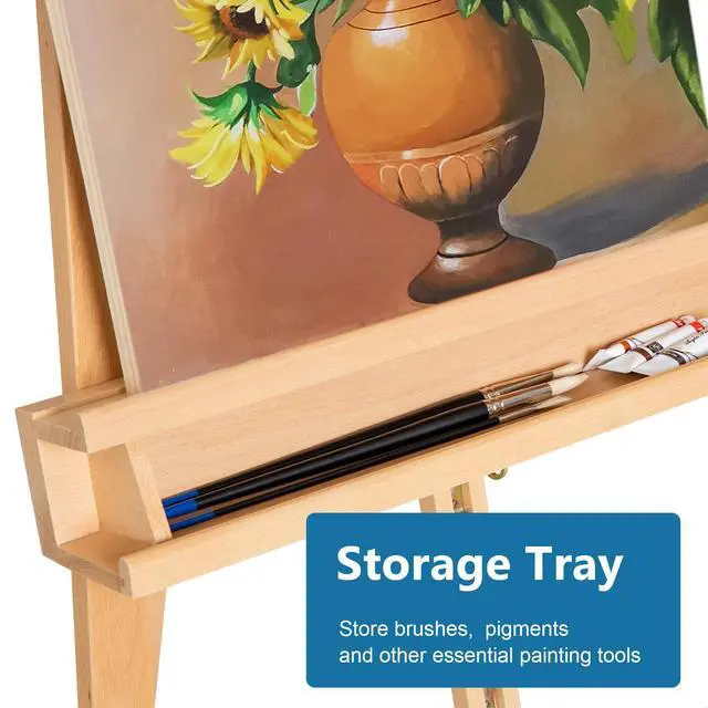 Alt view image 4 of 7 - Adjustable Beechwood A-Frame Studio Easel with Storage Tray, Natural | Artist Floor Solid Wooden Easel Stand for Painting Canvas