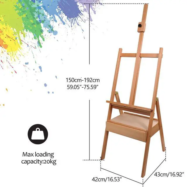 Alt view image 2 of 7 - Beech Wood H-Frame Easel, 59"75" Adjustable Height Studio Easel with Drawer & Shelf, 41" Canvas Holder 20KG Load, Heavy Duty Art Easel for Adults Artists Students Painting Display