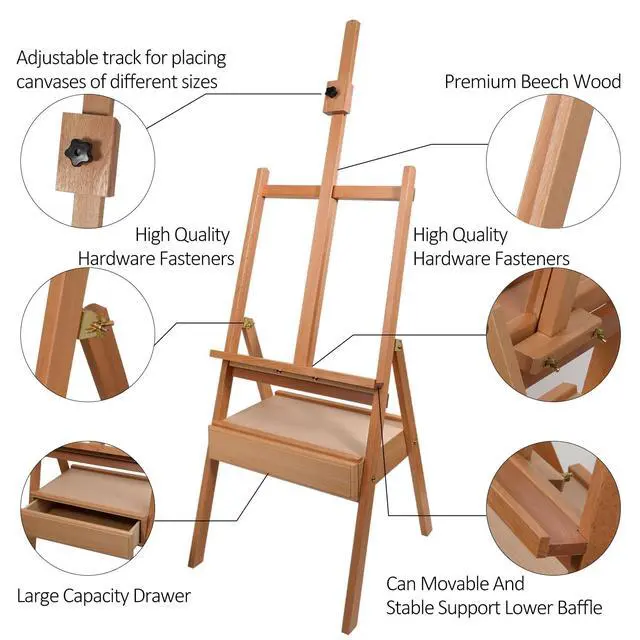 Alt view image 4 of 7 - Beech Wood H-Frame Easel, 59"75" Adjustable Height Studio Easel with Drawer & Shelf, 41" Canvas Holder 20KG Load, Heavy Duty Art Easel for Adults Artists Students Painting Display