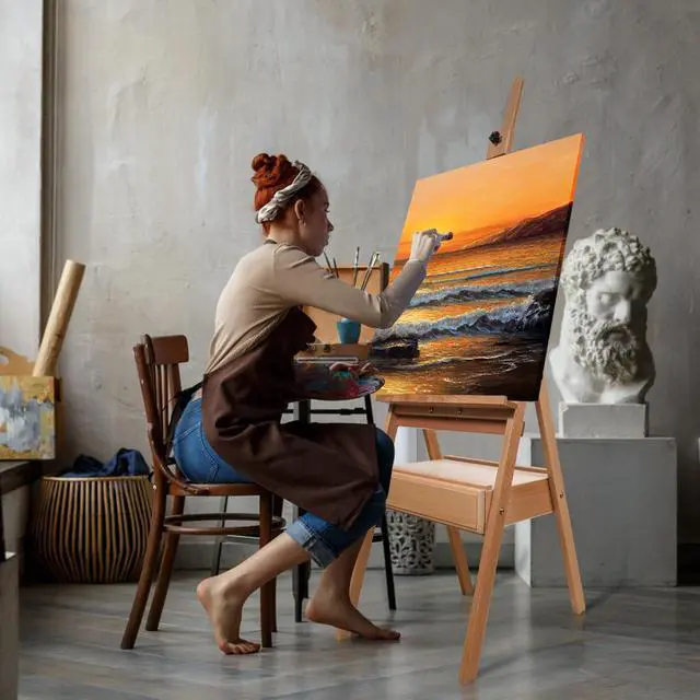 Alt view image 6 of 7 - Beech Wood H-Frame Easel, 59"75" Adjustable Height Studio Easel with Drawer & Shelf, 41" Canvas Holder 20KG Load, Heavy Duty Art Easel for Adults Artists Students Painting Display