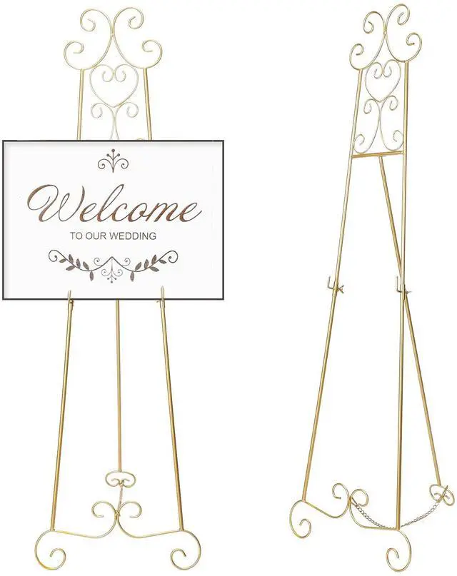 Main image of 57" H Gold Metal Scroll Easel Stand for Display Wedding Sign Poster Adjustable Portable Art Easels Poster Easel with Chain Support for Showcasing Pictures Artwork Coffee Exhibition Canvas