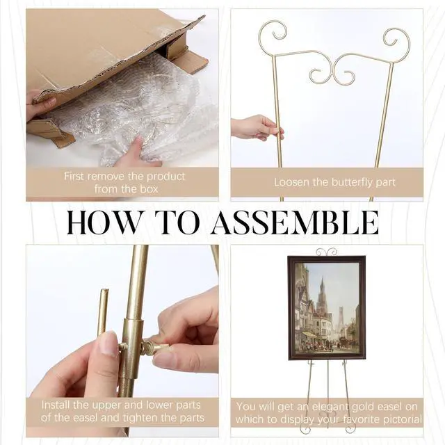 Alt view image 2 of 6 - 57" H Gold Metal Scroll Easel Stand for Display Wedding Sign Poster Adjustable Portable Art Easels Poster Easel with Chain Support for Showcasing Pictures Artwork Coffee Exhibition Canvas