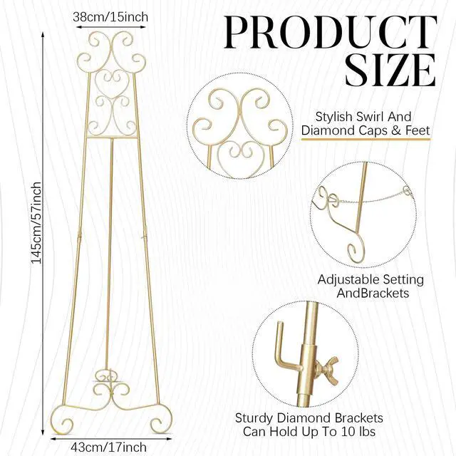 Alt view image 3 of 6 - 57" H Gold Metal Scroll Easel Stand for Display Wedding Sign Poster Adjustable Portable Art Easels Poster Easel with Chain Support for Showcasing Pictures Artwork Coffee Exhibition Canvas