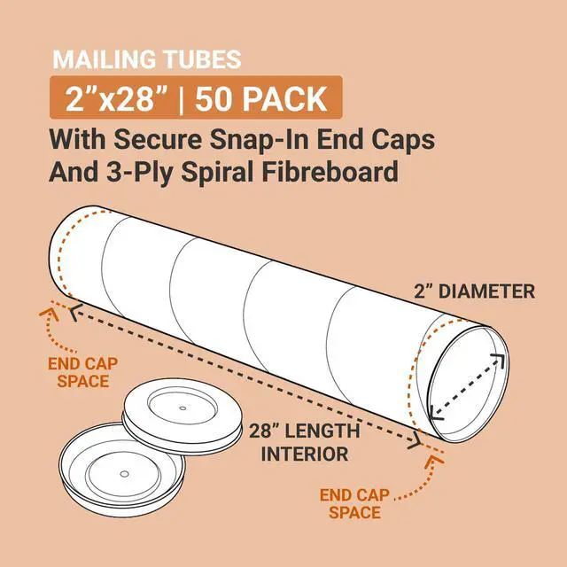 Alt view image 2 of 4 - Cardboard Tubes with Caps, 18"L x 2"W x 2"H, Pack of 50 | Poster Tube for Mailing and Storage of Blueprints, Artwork, Crafts, Long Art Holder, 18 inches