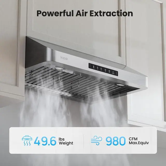 Alt view image 2 of 7 - 30 Inch Under Cabinet Range Hood, 980 CFM Stainless Steel Vent Hood, Ducted Kitchen Hood with 3-Speed Gesture & Touch Control, LED Light, Dishwasher deep-channel Safe Baffle Filters