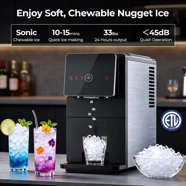 Alt view image 4 of 7 - Nugget Ice Maker Countertop, 33 Lbs/24H, Automatic Ice Dispenser, Self-Cleaning Portable Ice Machine, 1.8L Water Tank, Touch Screen & Auto Ice Drop, for Home/Office/Kitchen