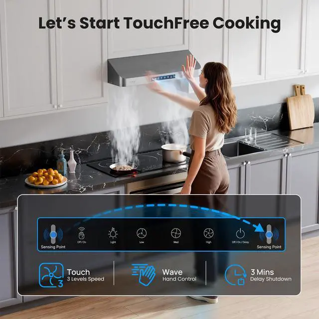 Alt view image 4 of 7 - 30 Inch Under Cabinet Range Hood, 980 CFM Stainless Steel Vent Hood, Ducted Kitchen Hood with 3-Speed Gesture & Touch Control, LED Light, Dishwasher deep-channel Safe Baffle Filters