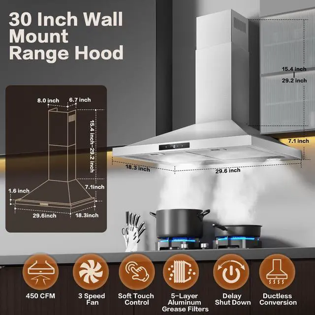 Alt view image 2 of 7 - Range Hood 30 inch Stainless Steel, Wall Mount kitchen Hood Ducted/Ductless Convertible, Vent Hood w/ 3 Speeds, Touch Control, 5-Layer Mesh Filters, Energy-Saving LED Lights