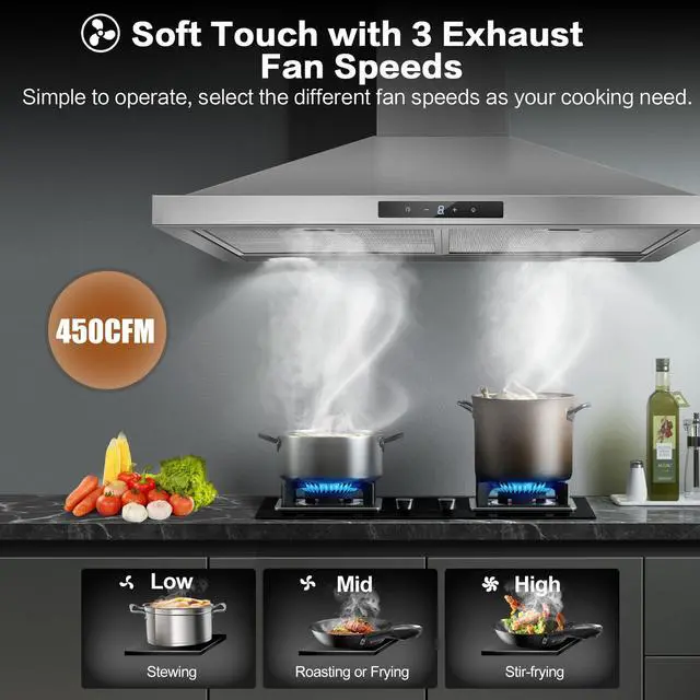Alt view image 4 of 7 - Range Hood 30 inch Stainless Steel, Wall Mount kitchen Hood Ducted/Ductless Convertible, Vent Hood w/ 3 Speeds, Touch Control, 5-Layer Mesh Filters, Energy-Saving LED Lights