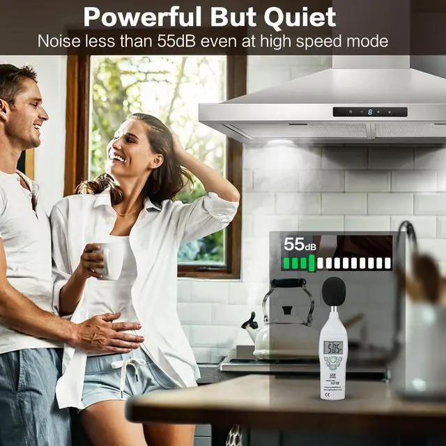 Alt view image 5 of 7 - Range Hood 30 inch Stainless Steel, Wall Mount kitchen Hood Ducted/Ductless Convertible, Vent Hood w/ 3 Speeds, Touch Control, 5-Layer Mesh Filters, Energy-Saving LED Lights