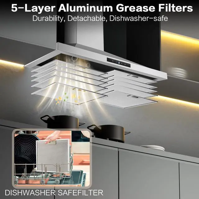 Alt view image 6 of 7 - Range Hood 30 inch Stainless Steel, Wall Mount kitchen Hood Ducted/Ductless Convertible, Vent Hood w/ 3 Speeds, Touch Control, 5-Layer Mesh Filters, Energy-Saving LED Lights
