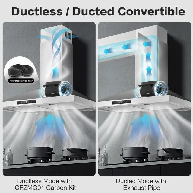 Alt view image 7 of 7 - Range Hood 30 inch Stainless Steel, Wall Mount kitchen Hood Ducted/Ductless Convertible, Vent Hood w/ 3 Speeds, Touch Control, 5-Layer Mesh Filters, Energy-Saving LED Lights