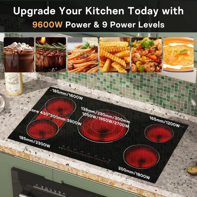 Alt view image 2 of 7 - 36 Inch Electric Cooktop 5 Burner, Bridge BBQ & Triple Ring Zone | 9600W Power, Built in Cooktop with Touch Control, 99 Min Timer, Pause Function and Safety Lock for Safe, Precise Cooking