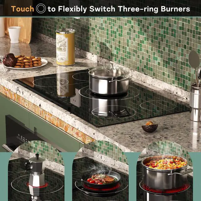 Alt view image 3 of 7 - 36 Inch Electric Cooktop 5 Burner, Bridge BBQ & Triple Ring Zone | 9600W Power, Built in Cooktop with Touch Control, 99 Min Timer, Pause Function and Safety Lock for Safe, Precise Cooking