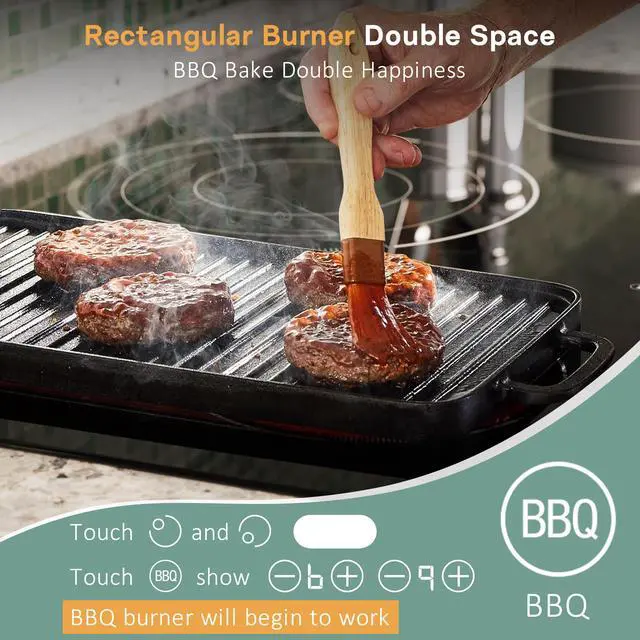 Alt view image 4 of 7 - 36 Inch Electric Cooktop 5 Burner, Bridge BBQ & Triple Ring Zone | 9600W Power, Built in Cooktop with Touch Control, 99 Min Timer, Pause Function and Safety Lock for Safe, Precise Cooking