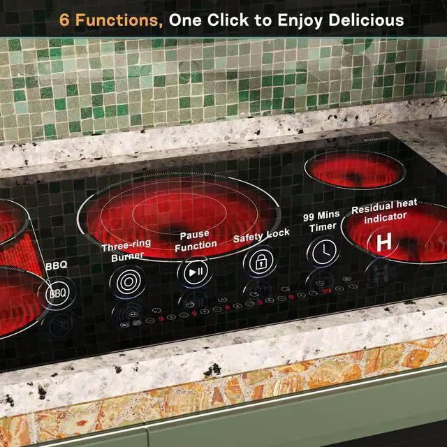 Alt view image 5 of 7 - 36 Inch Electric Cooktop 5 Burner, Bridge BBQ & Triple Ring Zone | 9600W Power, Built in Cooktop with Touch Control, 99 Min Timer, Pause Function and Safety Lock for Safe, Precise Cooking