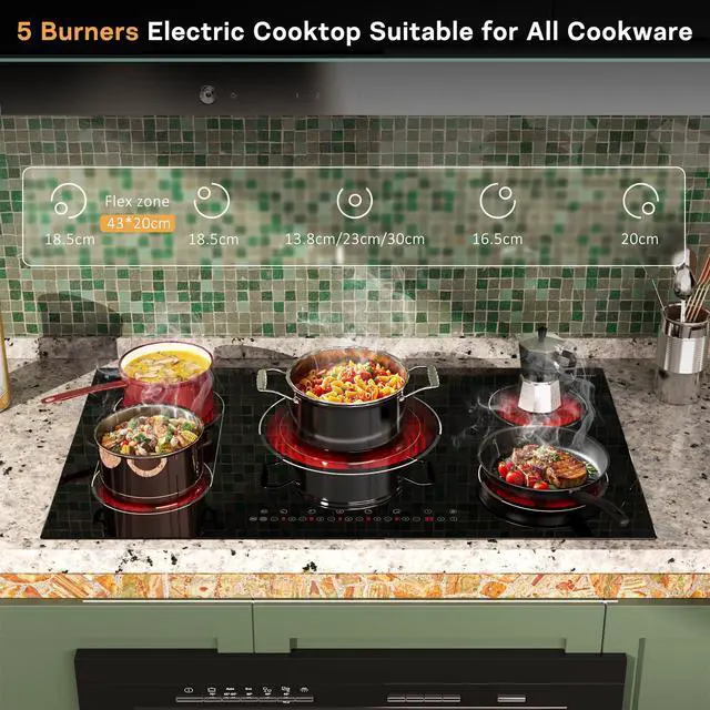 Alt view image 6 of 7 - 36 Inch Electric Cooktop 5 Burner, Bridge BBQ & Triple Ring Zone | 9600W Power, Built in Cooktop with Touch Control, 99 Min Timer, Pause Function and Safety Lock for Safe, Precise Cooking