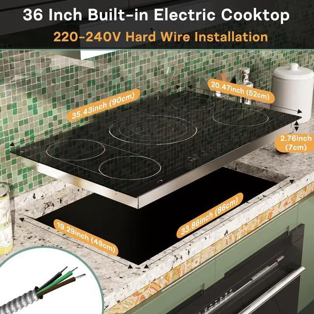 Alt view image 7 of 7 - 36 Inch Electric Cooktop 5 Burner, Bridge BBQ & Triple Ring Zone | 9600W Power, Built in Cooktop with Touch Control, 99 Min Timer, Pause Function and Safety Lock for Safe, Precise Cooking
